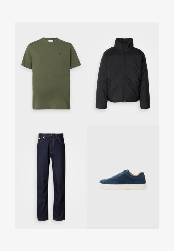 Zwarte pufferjack met een hoge kraag, rits aan de voorkant en zijzakken. Gladde, glanzende textuur met een minimalistisch logo op de borst.; Effen olijfgroene T-shirt met korte mouwen en ronde hals, met een klein zwart "cK" logo op de linkerborst.; Donkerblauwe denim jeans met een rechte snit, voorzien van een knoopsluiting, vijf zakken en contrasterende stiksels.; Blauwe suède sneaker met witte rubberen zool, vetersluiting, ronde neus en contrasterend tan interieur. Subtiele stiksels.