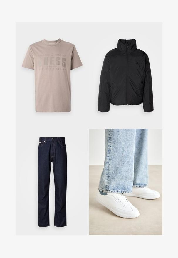 Black puffer jacket with a high collar, zipper front, and side pockets. Smooth, shiny texture with a minimal logo on the chest.; Light beige t-shirt made of cotton, featuring a crew neck, short sleeves, and a printed design with the brand name "GUESS" in dark gray.; Dark blue denim jeans with a straight-leg design, featuring a button fly, five pockets, and contrasting stitching details.; White sneakers with smooth material, lace-up design, textured rubber sole, and a teal accent at the heel, paired with light blue jeans.