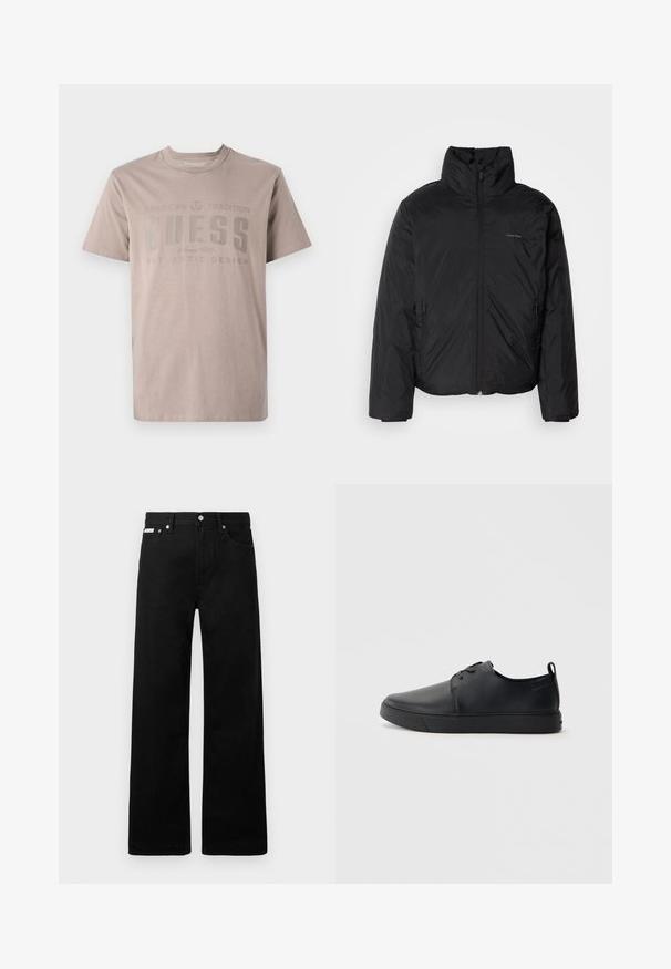 Juoda pūkinė striukė su aukštu apykakle, užtrauktuku priekyje ir šoninėmis kišenėmis. Lygus, blizgus paviršius su minimaliu logotipu ant krūtinės.; Šviesiai kreminės spalvos medvilninis marškinėliai su apvalia iškirpte, trumpomis rankovėmis ir spausdinta dizainu, kuriame nurodytas prekės ženklas "GUESS" tamsiai pilka spalva.; Juodos džinsinės kelnės su plačiu kojų dizainu, turinčios penkias kišenes ir metalinius sagčių akcentus. Lygus paviršius, be matomų raštų.; Juodos odinės sportinės bateliai su lygiu paviršium, suapvalinta nosimi, toniniais siūlais, raištelių užsegimu priekyje ir plokščiu guminiu padu. Kilpelė ant kulno.