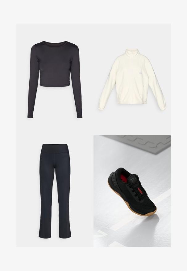 Bela flis jakna z visokim ovratnikom, polnim zadrgo in dvema stranskima žepoma. Ima svetel logotip na prsih in elastične manšete.; Dolga majica s kratkimi rokavi v črni barvi, izdelana iz gladkega materiala. Ima okrogel izrez in oprijet kroj s subtilnim šivanjem roba.; Črne športne hlače z visokim pasom. Narejene iz gladkega, raztegljivega materiala s flared obliko hlačnic in minimalnimi šivi.; Črne atletske čevlje z gumijastim podplatom, rdeča oznaka "CXT2" na vezalkah in logo "TYR", postavljeni na svetlo sivo športno igrišče.
