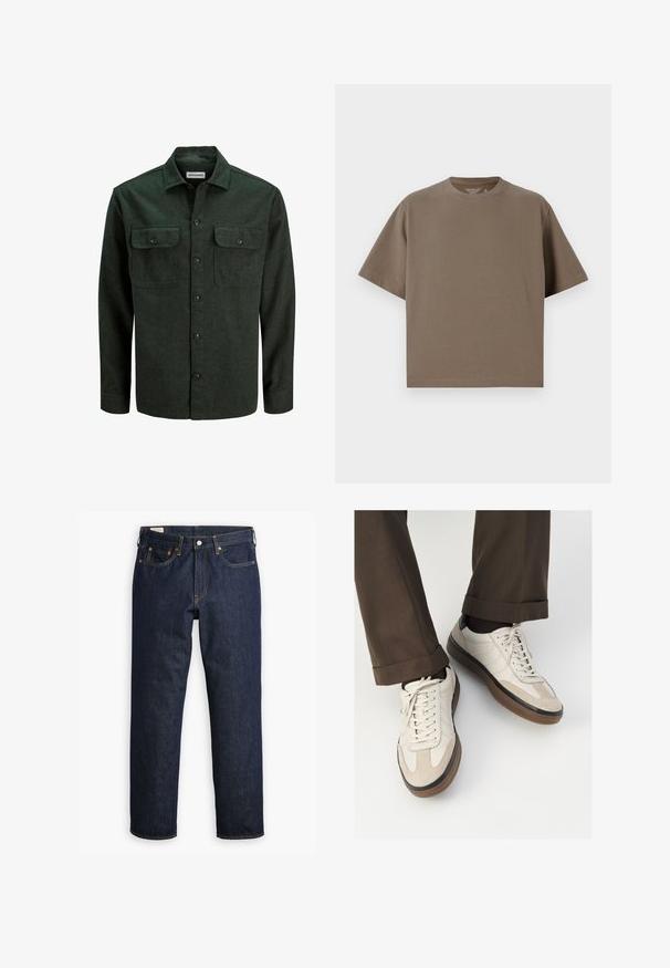 Dark green flannel shirt with two chest pockets, button-up front, and a pointed collar. Soft texture and long sleeves, minimal hardware.; Brown, short-sleeve t-shirt made of soft fabric with a round neckline. Features a relaxed fit and simple hem detailing.; Dark blue denim jeans with a straight cut, featuring five-pocket styling, visible stitching, and a classic button fly.; Beige sneakers with a textured suede front, smooth leather sides, and a brown rubber sole. Laces and light stitching detail included.