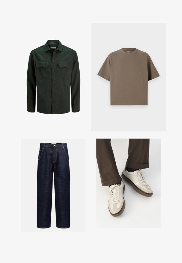 Dark green flannel shirt with two chest pockets, button-up front, and a pointed collar. Soft texture and long sleeves, minimal hardware.; Brown, short-sleeve t-shirt made of soft fabric with a round neckline. Features a relaxed fit and simple hem detailing.; Dark denim jeans with a straight fit, featuring five pockets, copper rivets, and contrasting stitching along the seams.; Beige sneakers with a textured suede front, smooth leather sides, and a brown rubber sole. Laces and light stitching detail included.