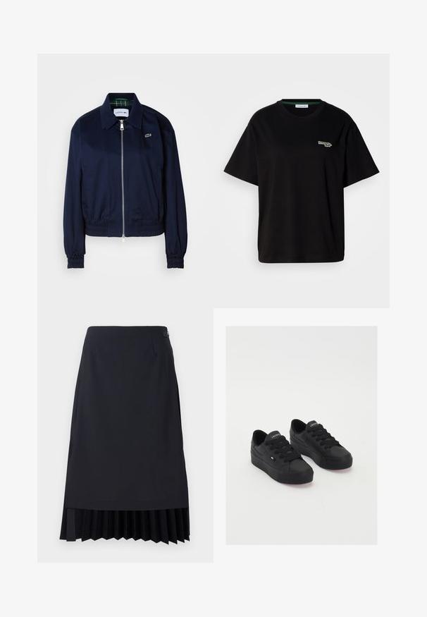 Sötétkék, rövidített dzseki sima anyagból, elöl cipzárral, elasztikus mandzsettákkal és diszkrét logóval a mellrészen.; Fekete pamut póló rövid ujjakkal, bal mellkason egy kis zöld logóval. Klasszikus kerek nyakkivágás, laza szabás.; Fekete ceruzaszoknya, redőzött szegéllyel, testhezálló szabással és sima textúrával. Diszkrét oldalsó cipzárral és minimális részletezéssel rendelkezik.; Fekete alacsony szárú sportcipő sima anyagból, vastag fűzőkkel, textúrázott talppal, valamint kis logóval az oldalán és a nyelvén.
