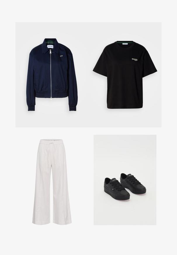 Tumši zils saīsināts žakets, izgatavots no gludas auduma, ar priekšējo rāvējslēdzēju, elastīgām piedurknēm un diskētu logotipu uz krūtīm.; Melna kokvilnas T-kreklu ar īsām piedurknēm, ar mazu zaļu logotipa akcentu kreisajā krūtī. Klasiska apaļa kakla izgriezuma, brīva piegriezuma.; Plati, brīvi pieguļoši bikses izgatavotas no mīksta baltā auduma, ar elastīgu jostu un auklu, gluda tekstūra un bez papildu aksesuāriem.; Melnas zemas sporta kurpes, izgatavotas no gludas auduma, ar biezām auklām, teksturētu zoli un mazu logotipu sānos un mēlītē.