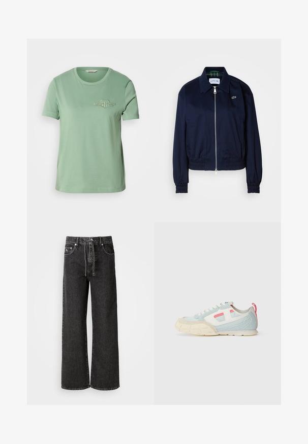 Jachetă croppată de culoare bleumarin, fabricată dintr-un material neted, având o închidere cu fermoar în față, manșete elasticizate și un logo subtil pe piept.; Tricou din bumbac verde deschis, cu mâneci scurte, decolteu rotund și logo brodat pe piept. Textură netedă și croi lejer.; Jeans negri cu picioare largi, fabricate din denim. Au talie înaltă, bucle pentru curea, buzunare frontale și detalii din metal argintiu.; Adidași cu un design bleu deschis și alb, din suede texturat, cu accente roz contrastante și o talpă groasă de culoare crem.