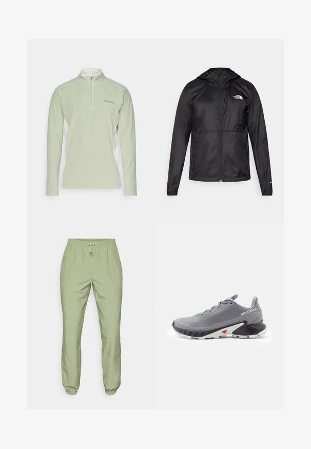 Giacca leggera nera in nylon, con cappuccio, chiusura con zip e polsini elasticizzati. Sul davanti c'è un piccolo logo bianco sul lato sinistro del petto.; Pullover in pile verde chiaro con colletto alto e zip a metà. Presenta pannelli laterali bianchi e un piccolo logo sul petto. Texture morbida.; Pantaloni sportivi verde chiaro con vita elasticizzata, chiusura con lacci e polsini alle caviglie; presentano due tasche laterali e una superficie liscia.; Scarpe da corsa grigie con tomaia in mesh testurizzato, suola in gomma nera e bianca, e accenti rossi vicino al tallone. Caratterizzano lacci e un design di supporto.