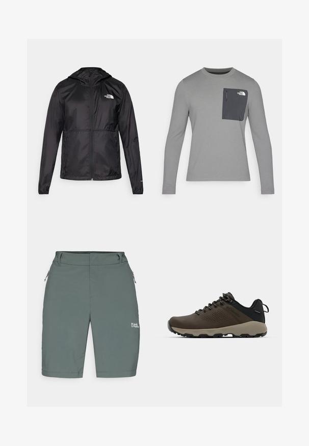 Fekete, könnyű nylon dzseki, cipzárral, kapucnival és rugalmas mandzsettákkal. Az elején egy kis fehér logó található a bal mellen.; Hosszú ujjú szürke ing, texturált anyagból, sötétszürke mellzsebbel és cipzárral. A zsebén fehér logó található.; Szürke kültéri rövidnadrág sima textúrával, cipzáras oldalzsebekkel és logóval a jobb oldalon. Egyenes szabású és derékrésszel rendelkezik.; Barna vízálló sportcipők texturált felsőrésszel, perforált díszítésekkel, fekete saroktámasszal és szürke gumi talppal. A cipőfűzők fém végződésekkel vannak ellátva.