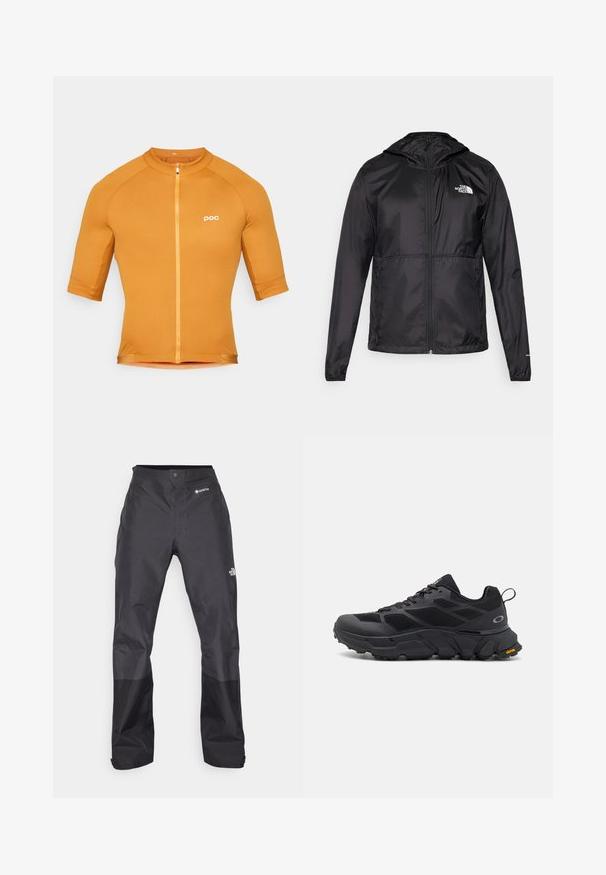 Juodas lengvas džemperis, pagamintas iš nailono, su užtrauktuku, gobtuvu ir elastinėmis rankovėmis. Priekyje kairiajame krūtinės šone yra mažas baltas logotipas.; POC THERMAL LITE - Dviratininko marškinėliai - bauxite brown; Juodos vandeniui atsparios kelnės su lygiu paviršiumi, su GORE-TEX logotipu priekyje ir sustiprintomis apačiomis dėl ilgaamžiškumo.; Juodi sportiniai batai su storu padu, tinklinėmis ir sintetinėmis medžiagomis, tekstūruotais akcentais ir Vibram prekės ženklu ant pado.