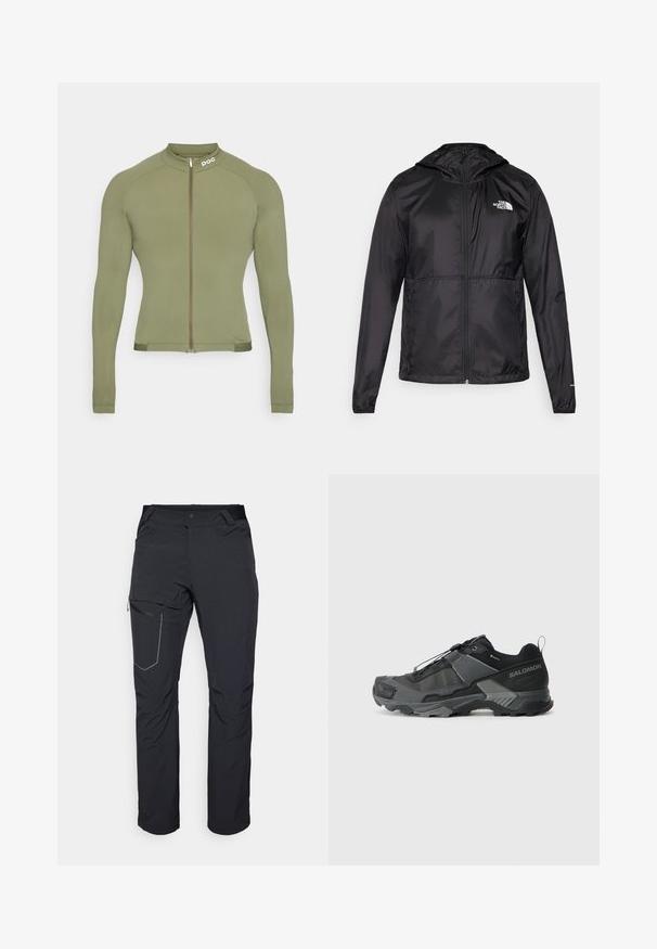 Svart lett jakke laget av nylon, med glidelås, hette og elastiske mansjetter. Fronten har en liten hvit logo på venstre bryst.; Olivegrønn langermet sykkeldress, lett materiale, hel glidelås foran, høy krage, tettsittende design, subtilt logo på skulderen, glatt tekstur.; Svart utendørsbukser med en glidelåslomme på låret, elastisk midje og glatt, vannavstøtende stoff. Renslig design uten synlige logoer.; Svart terrengløpesko med et slitesterkt maskeoberoende, forsterket tåhette, teksturert gummisåle og elastisk lissystem for sikre tilpasning.