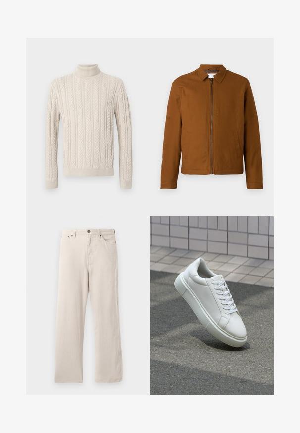 Pruun kerge jakk, millel on krae, täispikk tõmblukk ja kaks küljetaskut. Sile tekstuur ja kohandatud kuju.; Beige, kootud sviiter kõrge soonikuline kaelus. Omab tekstuuriga nöörmustrit ning soonikuid varrukaid ja alumist äärt, pakkudes hubast välimust.; Bežist korduroopüksid sirge lõikega, ribakujulise tekstuuriga, viie tasku disainiga ja nööpidega sulgemisega.; Valge nahkline sneka, millel on sile pind, ümar varvas ja lame valge pael. Omab tekstuuriga kummist talla ja minimaalset kujunduselementi.