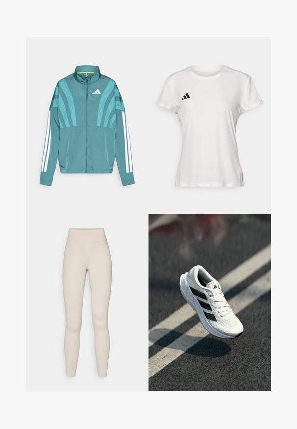 Tirkizna atletska jakna s prednjim patentnim zatvaračem, visokim ovratnikom, tri bijele pruge na rukavima i složenim dizajnerskim detaljima. Lagani materijal.; Bijela atletska majica od tkanine koja upija vlagu. Kratki rukavi, okrugli izrez, s crnim logotipom i emblemom s tri pruge na lijevoj strani prsiju.; Bež aktivne tajice s visokim strukom, glatkom teksturom i oblikovanjem kroja. Imaju minimalnu šavovu obradu i bez vidljivog brendiranja.; Bijela trkačka cipela s teksturiranim gornjim dijelom, crnim dizajnom s tri pruge, podstavljenim ovratnikom i laganim potplatom, smještena u zraku iznad cestovne površine.