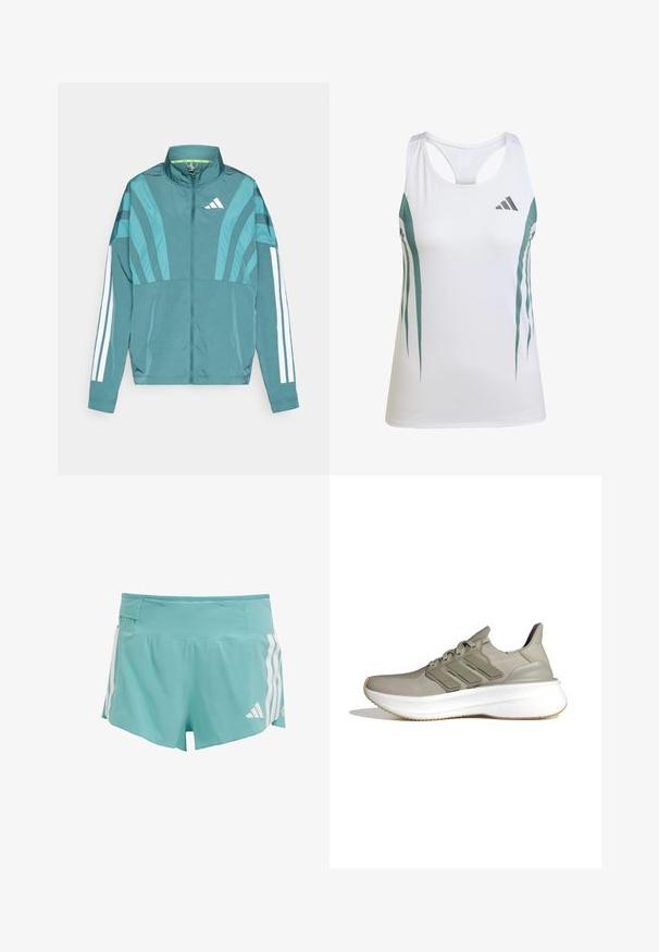 Cyan sportjack featuring een rits aan de voorkant, hoge kraag, drie witte strepen op de mouwen en gelaagde ontwerpdetails. Lichtgewicht stof.; Witte sportieve tanktop met teal accenten en een geometrisch patroon. Beschikt over een racerback ontwerp en een lichte, gestructureerde stof.; Lichtblauwe sportshorts met een gestructureerde stof, witte zijstrepen en een taillebandzak voor opslag. Geschikt voor sportactiviteiten.; Lichtgrijze sportschoenen met een bovenwerk van mesh, drie horizontale strepen, een gepolsterde kraag en een witte gestructureerde tussenzool. Rubberen buitenzool.
