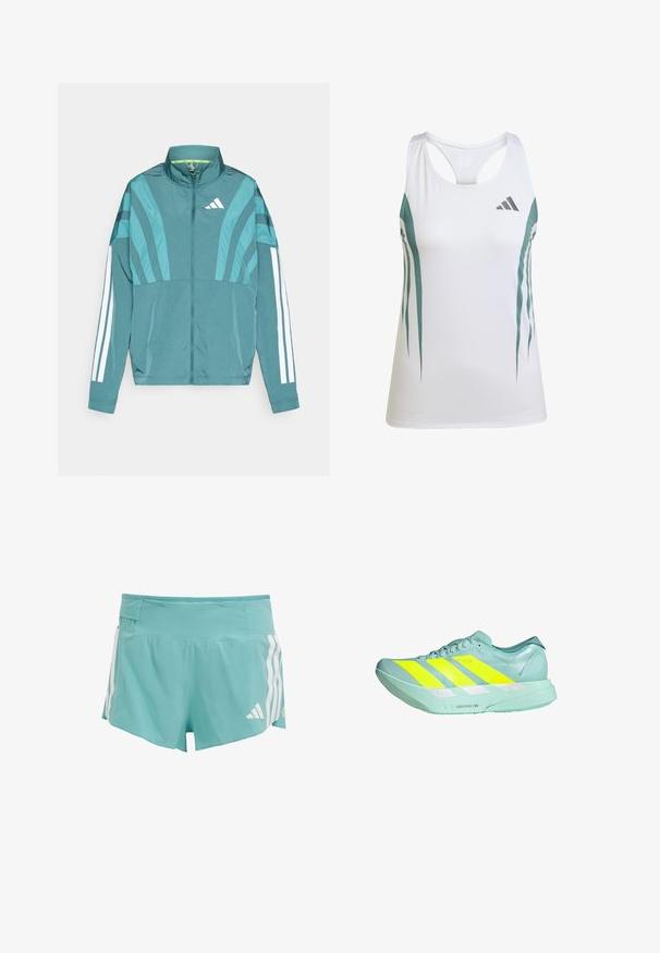Turkusowa kurtka sportowa z zamkiem z przodu, wysokim kołnierzem, trzema białymi paskami na rękawach oraz warstwowymi detalami. Lekki materiał.; Biała sportowa koszulka na ramiączkach z akcentami w kolorze turkusowym i geometrycznym wzorem. Posiada plecy typu racerback oraz lekką, teksturowaną tkaninę.; Jasnoniebieskie szorty sportowe z teksturowanej tkaniny, białe paski po bokach oraz kieszeń w pasie do przechowywania. Odpowiednie do aktywności sportowych.; Lekki but do biegania w miętowym zielonym kolorze z trzema wyraźnymi żółtymi paskami. Posiada gładką fakturę, odblaskowe akcenty i amortyzowaną podeszwę.