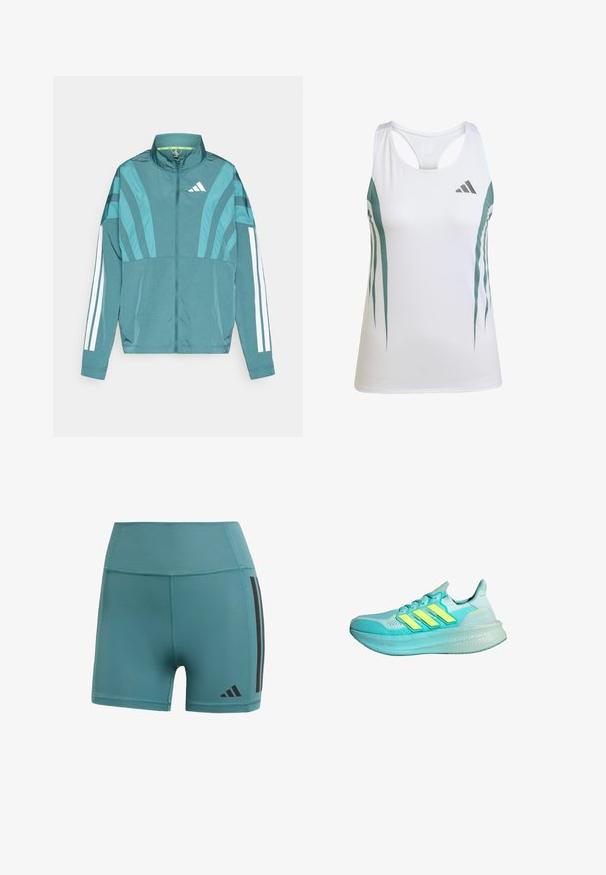 Turkusowa kurtka sportowa z zamkiem z przodu, wysokim kołnierzem, trzema białymi paskami na rękawach oraz warstwowymi detalami. Lekki materiał.; Biała sportowa koszulka na ramiączkach z akcentami w kolorze turkusowym i geometrycznym wzorem. Posiada plecy typu racerback oraz lekką, teksturowaną tkaninę.; Zielone spodenki sportowe wykonane z elastycznego materiału, z wysokim stanem, czarnymi paskami po bokach i logo marki blisko dołu.; Jasnoniebieski but sportowy z teksturowaną cholewką, trzema żółtymi paskami, wyściełanym kołnierzem i grubą, amortyzującą podeszwą.