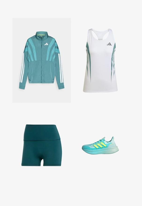 Chaqueta deportiva en color azul verdoso con cierre frontal, cuello alto, tres rayas blancas en las mangas y detalles de diseño en capas. Tela ligera.; Camiseta deportiva blanca sin mangas con acentos en verde azulado y un patrón geométrico. Presenta un diseño de espalda nadadora y una tela ligera y texturizada.; Pantalones cortos deportivos en color teal, fabricados con un material suave y elástico. Cintura alta con costuras planas, que cuentan con un diseño ajustado y una longitud hasta mitad del muslo.; Zapatilla deportiva de color azul claro con parte superior texturizada, tres rayas amarillas, cuello acolchado y suela gruesa y acolchada.