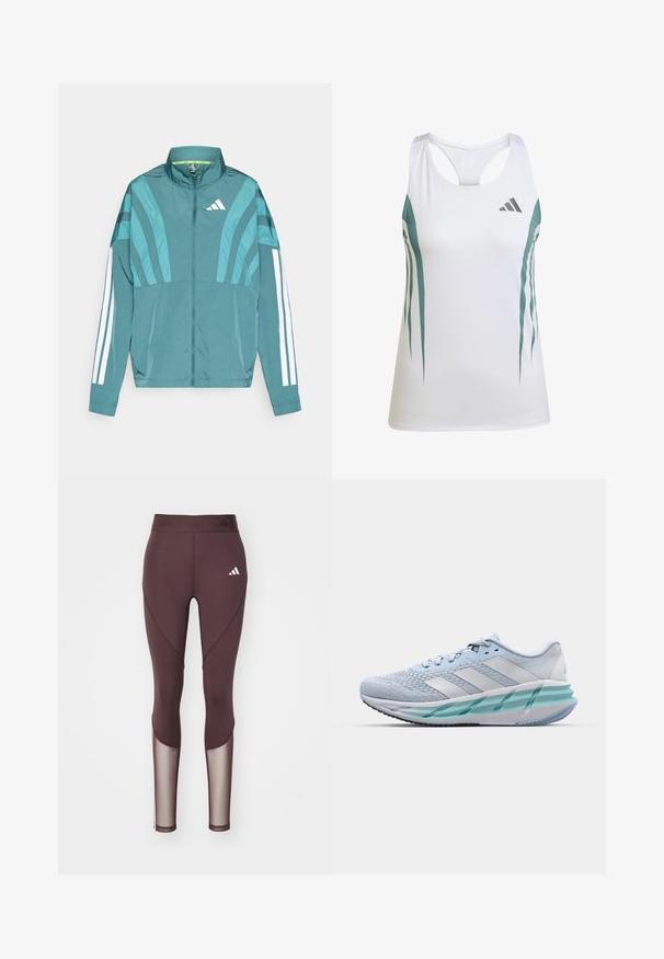 Cyan sportjack featuring een rits aan de voorkant, hoge kraag, drie witte strepen op de mouwen en gelaagde ontwerpdetails. Lichtgewicht stof.; Witte sportieve tanktop met teal accenten en een geometrisch patroon. Beschikt over een racerback ontwerp en een lichte, gestructureerde stof.; Bordeaux sportlegging met meshpanelen, aansluitend ontwerp en elastische tailleband. Kenmerkend is het witte logo op de linker bovenbeen en het stikselontwerp.; Lichtblauwe sportschoenen met een gestructureerde breitbovenkant, witte accenten en een doorzichtige groene tussenzool. Ronde neus en gevoerde kraag.