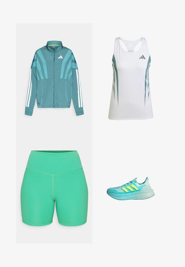 Žydroji sportinė striukė su užtrauktuku, aukšta apykakle, trimis baltomis juostelėmis ant rankovių ir sluoksniuota dizaino detalėmis. Lengvas audinys.; Balta sportinė mažalope su žydromis detalėmis ir geometriniu raštu. Pasižymi lenktos nugaros dizainu ir lengvu, tekstūruotu audiniu.; Žalios sportinės šortai, pagaminti iš elastingos medžiagos, su aukštu juosmeniu, lygia tekstūra ir kontrastinga siūlelių apdaila.; Šviesiai mėlynas sportinis batelis su tekstūruota viršūne, trimis geltonomis striukėmis, paminkštintu kraštu ir storu, minkštu padu.