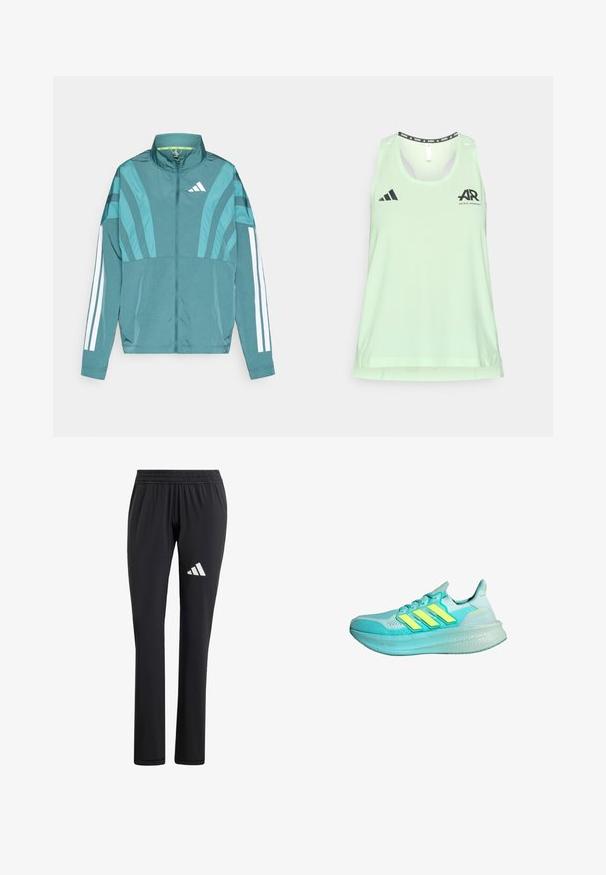 Teal athletic jacket featuring a zipper front, high collar, three white stripes on sleeves, and layered design details. Lightweight fabric.; Light green sleeveless athletic tank top made of breathable fabric, featuring black adidas logo and running graphics at the neckline and chest.; Black athletic pants with an elastic waistband, straight leg design, smooth texture, and a white Adidas logo on the left thigh.; Light blue athletic shoe with textured upper, three yellow stripes, padded collar, and a thick, cushioned sole.
