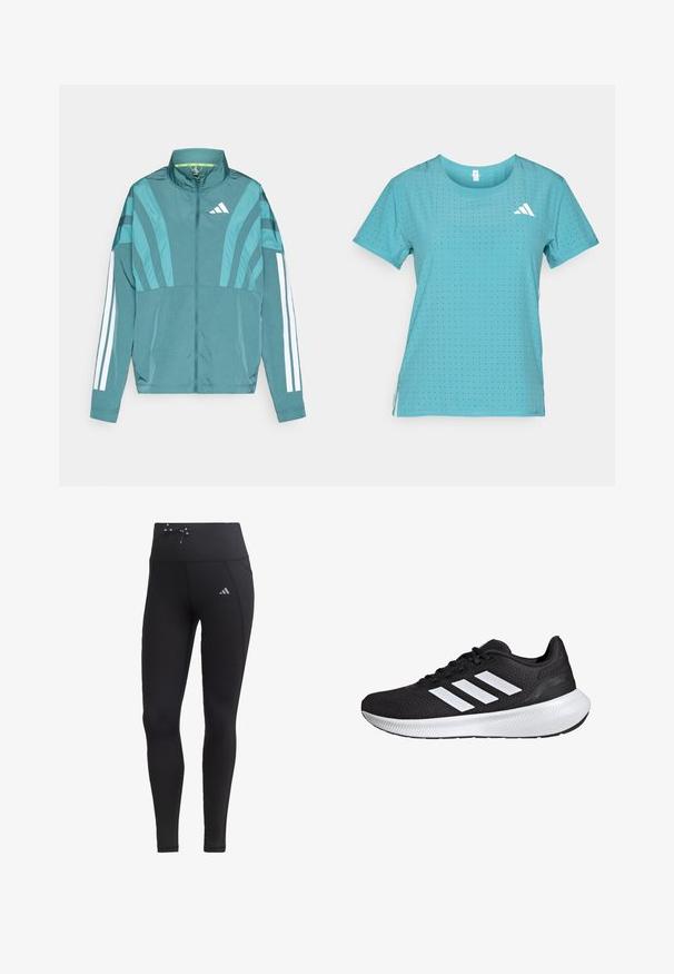 Giacca sportiva teal con zip frontale, colletto alto, tre strisce bianche sulle maniche e dettagli di design a strati. Tessuto leggero.; Maglietta sportiva turchese con maniche corte, caratterizzata da una texture perforata e un logo bianco del marchio sul lato sinistro superiore.; Leggings neri con vita alta, dettaglio con coulisse e tasche laterali. Realizzati in tessuto liscio con un accento del logo riflettente.; Scarpa sportiva nera con tomaia in rete e design a tre strisce bianche. Presenta una soletta imbottita e una suola in gomma testurizzata per una maggiore aderenza.