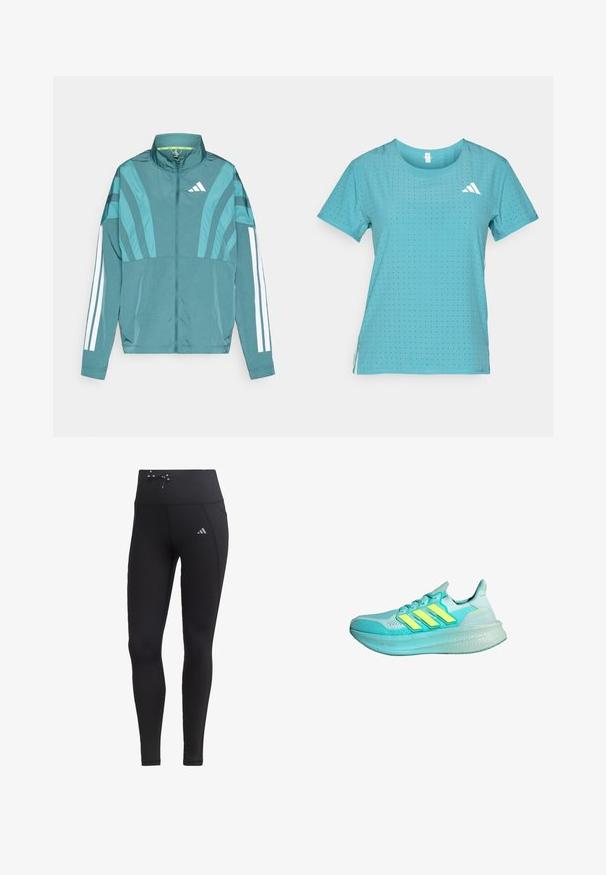 Giacca sportiva teal con zip frontale, colletto alto, tre strisce bianche sulle maniche e dettagli di design a strati. Tessuto leggero.; Maglietta sportiva turchese con maniche corte, caratterizzata da una texture perforata e un logo bianco del marchio sul lato sinistro superiore.; Leggings neri con vita alta, dettaglio con coulisse e tasche laterali. Realizzati in tessuto liscio con un accento del logo riflettente.; Scarpa da ginnastica azzurro chiaro con tomaia tessurizzata, tre strisce gialle, collo imbottito e suola spessa e ammortizzata.