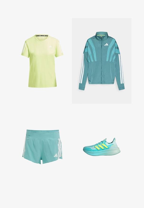 Tannengrüne Sportjacke mit Reißverschluss vorne, hohem Kragen, drei weißen Streifen an den Ärmeln und schichtweisen Designdetails. Leichter Stoff.; Hellgrünes Sport-T-Shirt aus atmungsaktivem Material. Mit weißen Streifen an den Ärmeln und einem schwarzen "RUNNING"-Label am Halsausschnitt.; Hellblaue Sportshorts aus strukturiertem Stoff, mit weißen Seitenstreifen und einem Bundtasche für die Aufbewahrung. Geeignet für sportliche Aktivitäten.; Helleblaue Sportschuh mit strukturiertem Obermaterial, drei gelben Streifen, gepolstertem Kragen und einer dicken, gepolsterten Sohle.