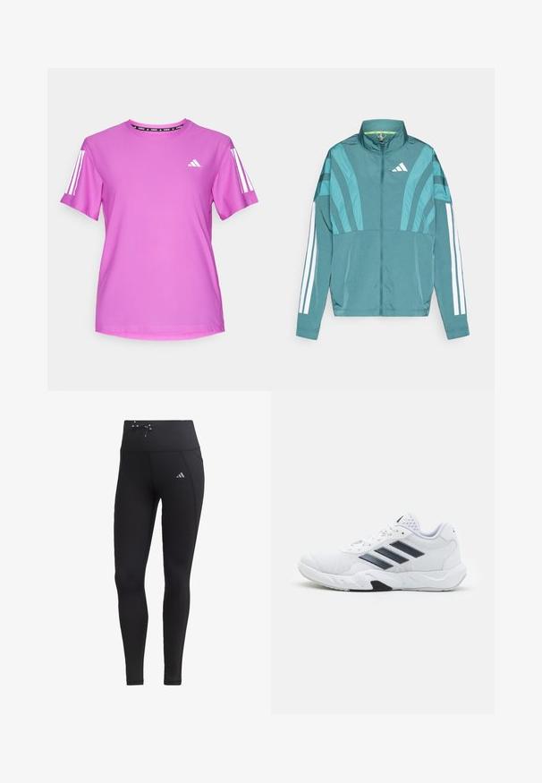 Teal treningsjakke med glidelås i front, høy krage, tre hvite striper på ermene og lagdelt design. Lettvektig stoff.; Rosa treningst-skjorte med korte ermer, med hvite tre-striper og en Adidas-logo, laget av lett og teksturert stoff.; Sorte leggings med høy midje, snor detalj og sidelommer. Laget av jevnt stoff med reflekterende logo aksent.; Hvit sportsko med mesh-overdel, tre svarte striper på siden, teksturerte detaljer og en solid gummisåle med en kontrasterende svart seksjon.