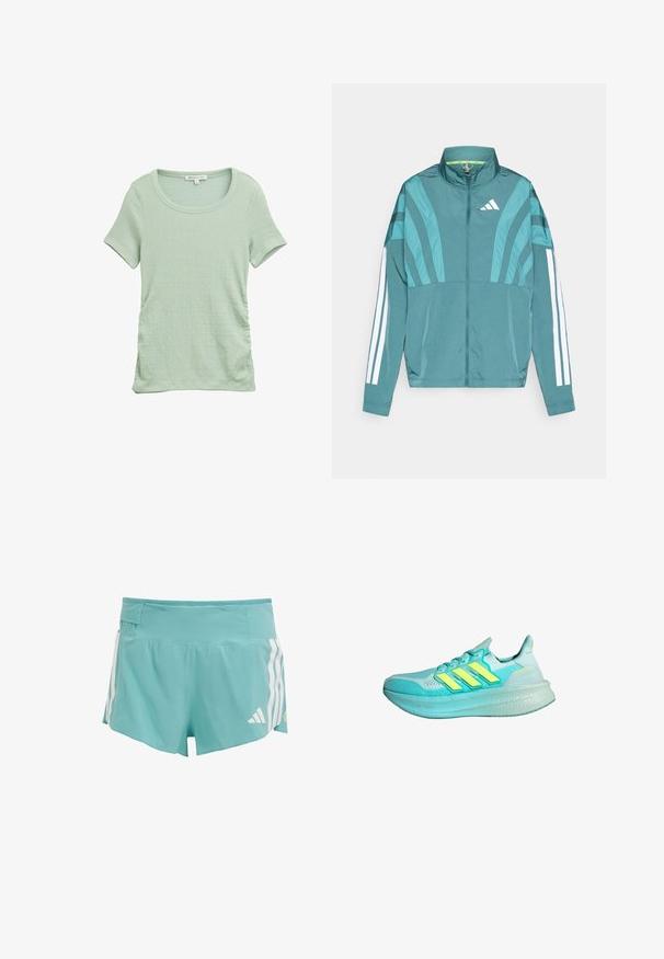 Žydroji sportinė striukė su užtrauktuku, aukšta apykakle, trimis baltomis juostelėmis ant rankovių ir sluoksniuota dizaino detalėmis. Lengvas audinys.; Šviesiai žalia trumpomis rankovėmis palaidinė, pagaminta iš tekstūrinio audinio, turi apvalų iškirpimą ir susiraukšlėjimo detales šoninėse dalyse, suteikiančias prigludusį siluetą.; Šviesiai mėlyni sportiniai šortai su tekstūruotu audiniu, baltais šonų juostelėmis ir kišene juosmens srityje saugojimui. Tinka sporto veiklai.; Šviesiai mėlynas sportinis batelis su tekstūruota viršūne, trimis geltonomis striukėmis, paminkštintu kraštu ir storu, minkštu padu.