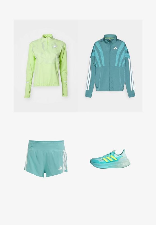 Cyan sportjack featuring een rits aan de voorkant, hoge kraag, drie witte strepen op de mouwen en gelaagde ontwerpdetails. Lichtgewicht stof.; adidas Performance ULTIMATE VIS REFLECTIVE 1/2-ZIP - Longsleeve - pulse lime; Lichtblauwe sportshorts met een gestructureerde stof, witte zijstrepen en een taillebandzak voor opslag. Geschikt voor sportactiviteiten.; Lichtblauwe sportschoen met een textuur bovenwerk, drie gele strepen, een gevoerde kraag en een dikke, gevoerde zool.