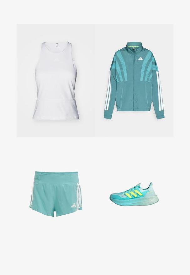 Teal athletic jacket featuring a zipper front, high collar, three white stripes on sleeves, and layered design details. Lightweight fabric.; White sleeveless athletic top with a round neck, smooth texture, and subtle tonal logo on the chest. Straight hemline at the waist.; Light blue athletic shorts featuring a textured fabric, white side stripes, and a waistband pocket for storage. Suitable for sports activities.; Light blue athletic shoe with textured upper, three yellow stripes, padded collar, and a thick, cushioned sole.