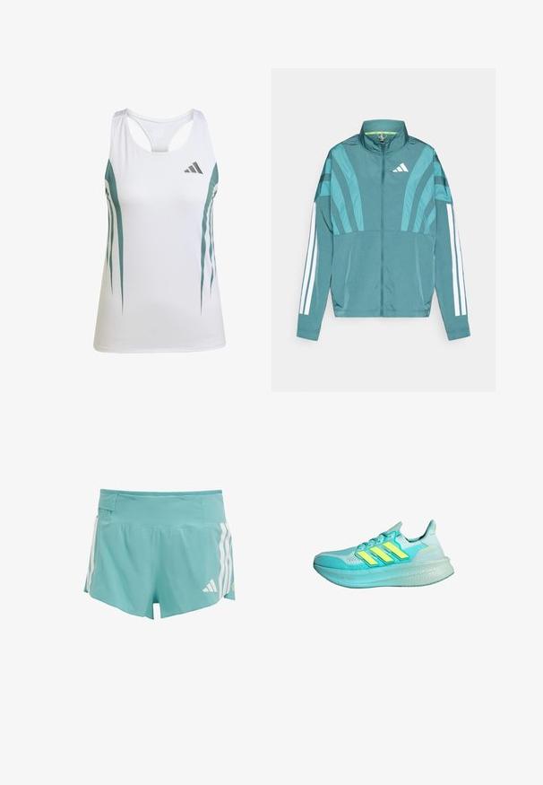 Sammalhalli sportlik jakk, mis on varustatud luku ees, kõrge kraega, käistel on kolm valge triipu ja kihilised disainidetailid. Kerge kangas.; Valge sportlik tank top teal'ilaedustega ja geomeetrilise mustriga. Omab võistlusseljaga disaini ja kerget, tekstuurset kangast.; Heledad sinine sportlikud lühikesed püksid, millel on tekstuuriga kude, valged külgriided ja vöökott hoiustamiseks. Sobivad sporditegevuseks.; Heled sinine spordijalanõud tekstuuriga ülemise osa, kolm kollast triipu, pehmendusega krae ja paks, pehmendusega põhi.