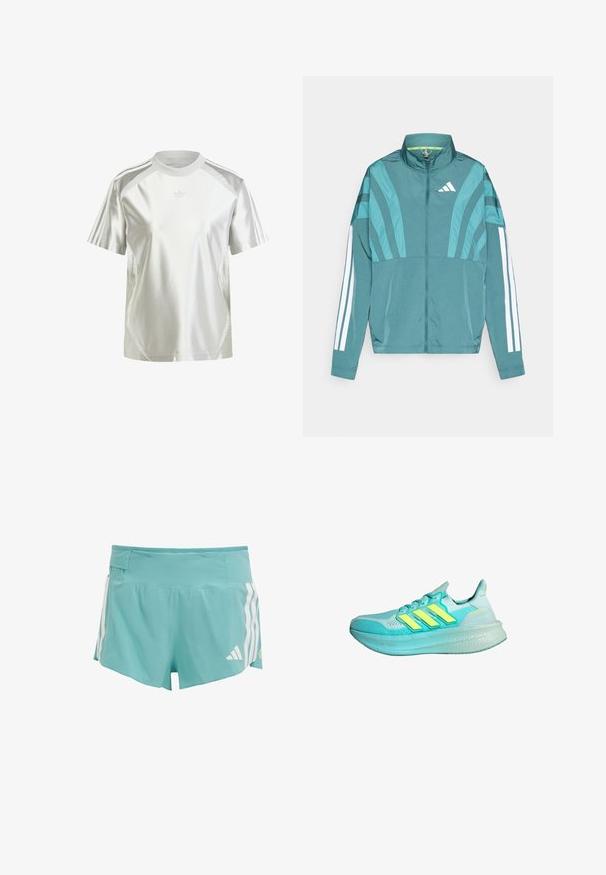 Teal treningsjakke med glidelås i front, høy krage, tre hvite striper på ermene og lagdelt design. Lettvektig stoff.; Hvit trenings T-skjorte laget av skinnende materiale. Har korte ermer, rund hals og sidestykker. Tre striper på skuldrene.; Lys blå treningsshorts med teksturert stoff, hvite sidestrekker og en midje-lomme for oppbevaring. Egnet for sportsaktiviteter.; Lys blå treningsko med teksturert overdel, tre gule striper, polstret krage og en tykk, dempet såle.