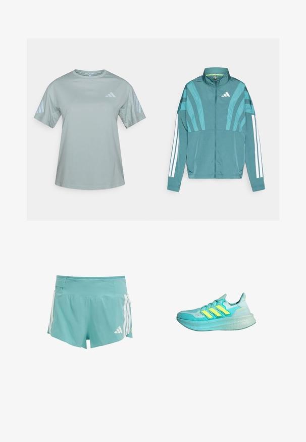 Turkusowa kurtka sportowa z zamkiem z przodu, wysokim kołnierzem, trzema białymi paskami na rękawach oraz warstwowymi detalami. Lekki materiał.; Jasnozielona sportowa koszulka wykonana z tkaniny odprowadzającej wilgoć. Posiada okrągły dekolt i trzy poziome paski na każdym rękawie.; Jasnoniebieskie szorty sportowe z teksturowanej tkaniny, białe paski po bokach oraz kieszeń w pasie do przechowywania. Odpowiednie do aktywności sportowych.; Jasnoniebieski but sportowy z teksturowaną cholewką, trzema żółtymi paskami, wyściełanym kołnierzem i grubą, amortyzującą podeszwą.