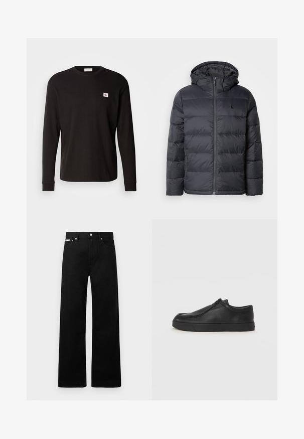 Schwarze Puffjacke mit Reißverschluss vorne und Kapuze. Verfügt über genähte Paneele zur Isolierung und ein kleines Logo auf der Brust. Glatte Textur.; Schwarzes Langarmshirt mit Rippenstruktur und Rundhalsausschnitt. Verfügt über ein kleines, rechteckiges Logopatch auf der linken Brust. Aus Baumwolle.; Schwarze Denim-Hose im weiten Bein-Design mit fünf Taschen und metallenen Knopfdetails. Glatte Textur, ohne sichtbare Muster.; Schwarze Leder-Schlupfschuhe mit runder Zehenform, genähten Details und schwarzer Gummisohle. Glatte Textur mit minimalistischem Design.