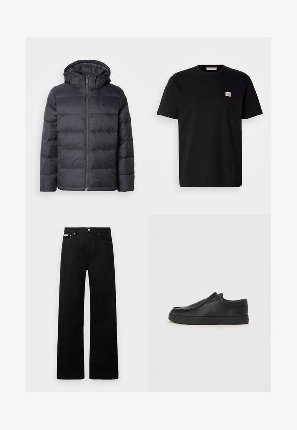 Μαύρο μπουφάν με φερμουάρ μπροστά και κουκούλα. Διαθέτει ραμμένους πίνακες για μόνωση και ένα μικρό λογότυπο στο στήθος. Λείο υλικό.; Μαύρο βαμβακερό μπλουζάκι με κοντά μανίκια, στρογγυλή λαιμόκοψη και ένα μικρό καμπυλωτό λογότυπο στο αριστερό στήθος. Λείο ύφασμα, κανονική εφαρμογή.; Μαύρο τζιν παντελόνι με φαρδιά γραμμή, διαθέτει πέντε τσέπες και μεταλλικά κουμπιά. Λείος υφάσματος, χωρίς ορατά σχέδια.; Μαύρο δερμάτινο παπούτσι slip-on με στρογγυλή μύτη, ραφές και μαύρη καουτσούκ σόλα. Λείο υλικό με μινιμαλιστικό σχέδιο.