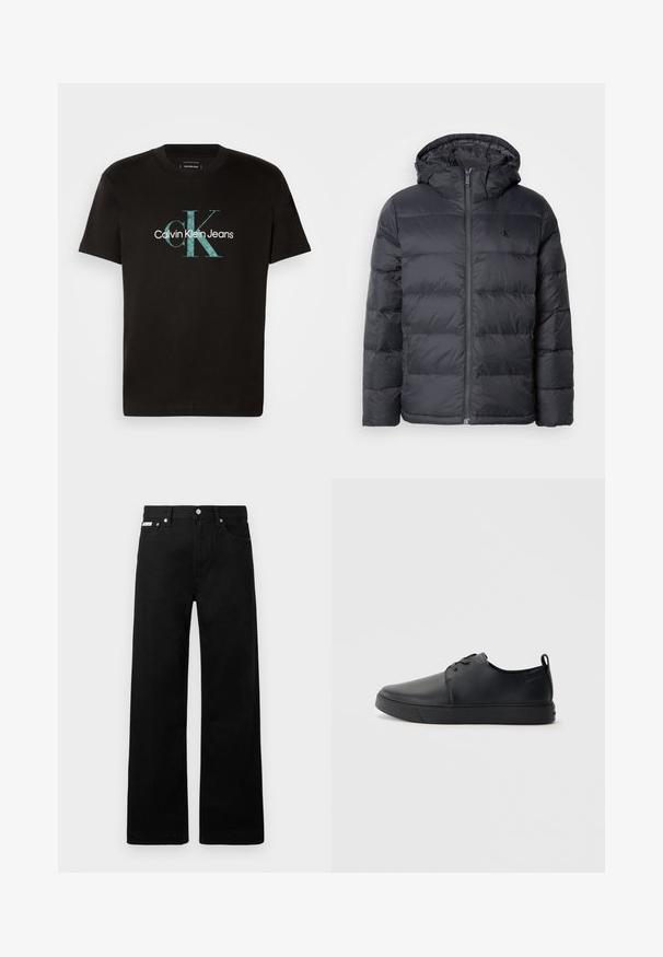 Geacă puffer neagră cu fermoar în față și glugă. Prezintă panouri cusute pentru izolație și un logo mic pe piept. Textură netedă.; Tricou negru din bumbac cu logo-ul turcoaz "ck" și textul "Calvin Klein Jeans" în alb dedesubt. Guler rotund, mâneci scurte.; Pantaloni din denim negri cu un design cu picioare largi, având cinci buzunare și accesorii metalice pentru butoane. Textură netedă, fără modele vizibile.; Sneakers din piele neagră cu un finisaj neted, vârf rotund, cusături tonale, șireturi în față și o talpă plată din cauciuc. Buclă la călcâi.
