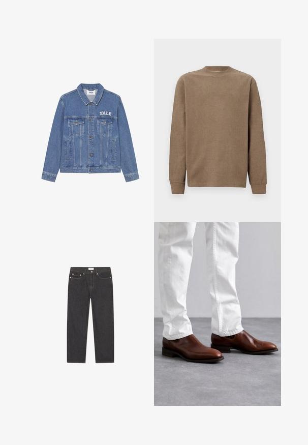 Vaaleansininen farkkutakki, jossa on kaulus, pitkät hihat, kaksi rintataskua ja valkoinen Yale-logo vasemmalla puolella.; Ruskea uurrettu pitkähihainen neule, jossa on pyöreä pääntie ja tiukat hihansuut. Pehmeä rakenne ja yksinkertainen muotoilu, sopii arkikäyttöön.; Tummansiniset farkut suoran lahkeiden muotoilulla, viiden taskun tyylillä, metalliosilla ja hienovaraisella tekstuurilla; minimaalinen brändäys vyötäröllä.; Ruskeat nahkaiset liukumalliset kengät, joissa on sileä pinta, terävä kärki ja litteä pohja, yhdistettynä valkoisiin slim-fit-housuihin.