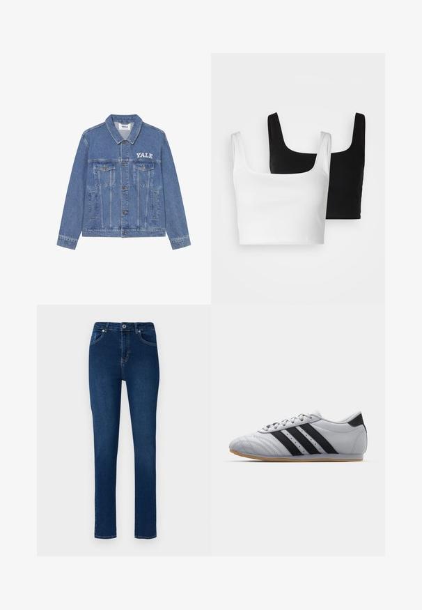 Džínová bunda ve světle modré barvě s límečkem, dlouhými rukávy, dvěma náprsními kapsami a bílým logem Yale na levé straně.; Even&Odd 2 PACK - Top - black/white; Tmavě modré džíny z denimu se slim fit. Mezi funkce patří knoflíkový pas, pět kapes a minimalizované švy.; Šedé sportovní boty s hladkým koženým povrchem, se třemi černými pruhy, zaoblenou špičkou a gumovou podrážkou.