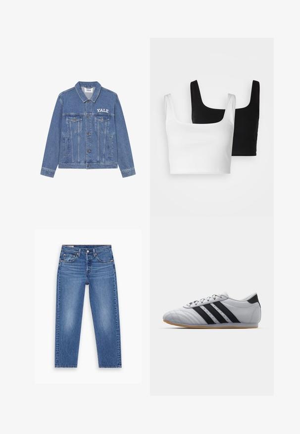 Vaaleansininen farkkutakki, jossa on kaulus, pitkät hihat, kaksi rintataskua ja valkoinen Yale-logo vasemmalla puolella.; Even&Odd 2 PACK - Toppi - black/white; Siniset korkeavyötäröiset suorat farkut, joissa on edessä nappi, vetoketju ja viisi taskua, esiteltyinä litteänä valkoista taustaa vasten.; Harmaat urheilukengät, joissa on sileä nahkapinta, kolme mustaa raitaa, pyöreä kärki ja kuminen pohja.
