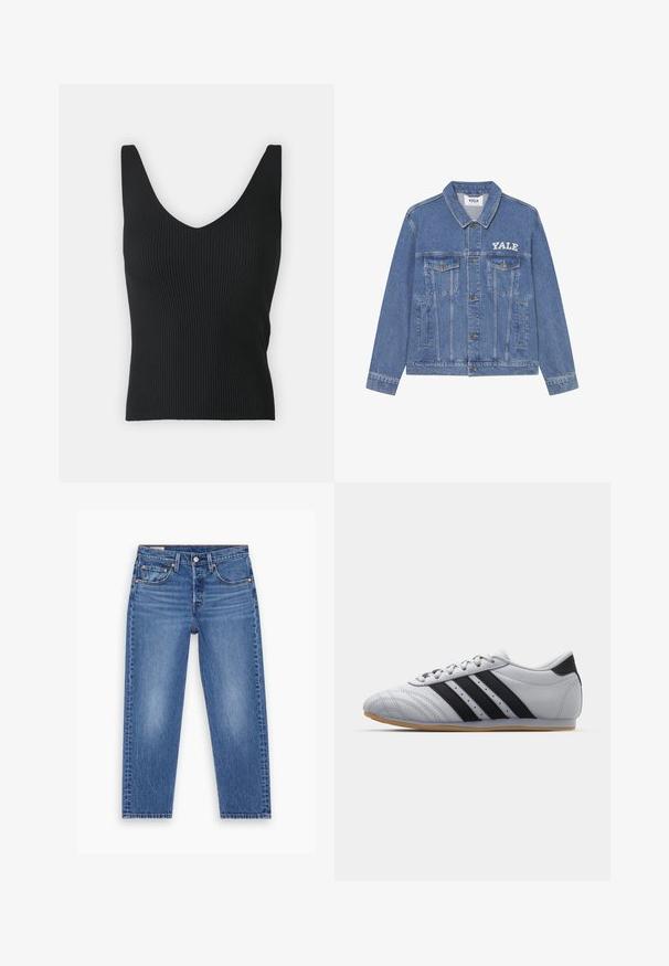 Džínová bunda svetlomodrej farby s golierom, dlhými rukávmi, dvoma vreckami na hrudi a bielym logom Yale na ľavej strane.; Čierny rebrovaný tielko s hlbokým V-výstrihom a širokými ramienkami. Hladká textúra, priliehavý strih a žiadne viditeľné ozdoby.; Modré džínsové nohavice s vysokým pásom a rovnými nohavicami, s predným gombíkom, zipsom a dizajnom s piatimi vreckami, vystavené na bielom pozadí.; Šedé atletické topánky s hladkým koženým povrchom, s tromi čiernymi pruhmi, okrúhlou špičkou a gumovou podrážkou.