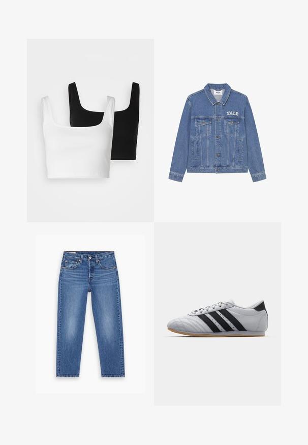 Vaaleansininen farkkutakki, jossa on kaulus, pitkät hihat, kaksi rintataskua ja valkoinen Yale-logo vasemmalla puolella.; Even&Odd 2 PACK - Toppi - black/white; Siniset korkeavyötäröiset suorat farkut, joissa on edessä nappi, vetoketju ja viisi taskua, esiteltyinä litteänä valkoista taustaa vasten.; Harmaat urheilukengät, joissa on sileä nahkapinta, kolme mustaa raitaa, pyöreä kärki ja kuminen pohja.