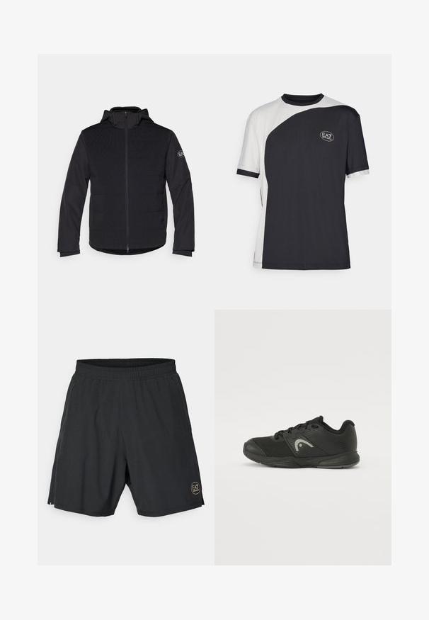 Černá zateplená bunda s plným zipem, kapucí a kontrastními texturovanými panely. Obsahuje logo nášivku na levém rukávu a dlouhé rukávy.; Triko s krátkým rukávem s dvoubarevným designem v černé a bílé barvě, s hladkou texturou a logem EA7 na přední straně.; Černé sportovní šortky vyrobené z lehkého materiálu, s elastickým pasem a zlatým kulatým logem na dolní pravé straně.; Černá sportovní obuv vyrobená z měkké síťoviny a syntetických materiálů, s texturovaným designem, gumovou podrážkou a výrazným šedým logem.