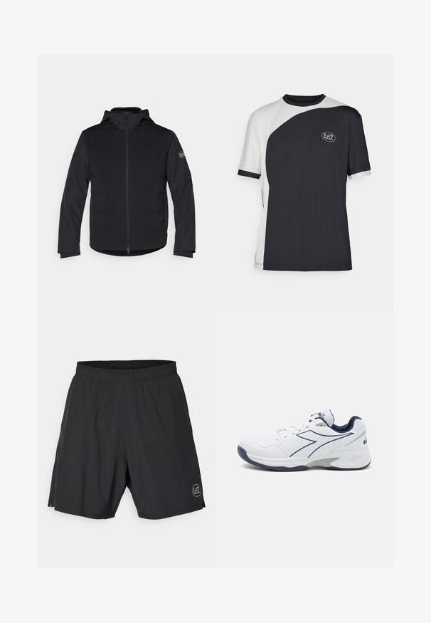 Mustä voodriga jakk, millel on täispikk tõmblukk, kapuuts ja kontrastsed tekstuuripaneelid. Omab vasakul käel logomärki ja pikki varrukaid.; Lühikeste varrukatega T-särk, millel on kahes toonis must ja valge disain, sile tekstuur ja EA7 logo ees.; Mustad mustad mustikud, mis on valmistatud kergest kangast, elastse vöökohaga ja kuldse ümmarguse logoga alumises paremas nurgas.; Valge spordijalats, millel on tumesinised aktsendid, võrkpaneelid ja tekstureeritud tald. Omab nööbidise disaini ja silmapaistvat külglogo detaili.