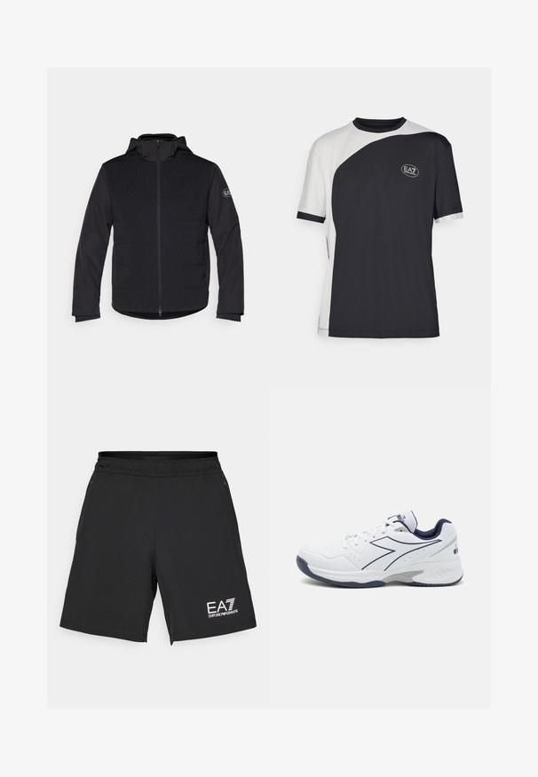 Black padded jacket with a full zipper, hood, and contrasting textured panels. Features a logo patch on the left arm and long sleeves.; Short-sleeve t-shirt featuring a two-tone design in black and white, with a smooth texture and an EA7 logo on the front.; Black athletic shorts made of lightweight fabric with an elastic waistband. Features white EA7 logo on the lower right side.; White athletic shoe with navy accents, mesh panels, and a textured sole. Features a lace-up design and a prominent side logo detail.