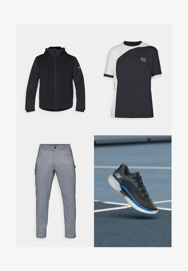 Musta topattu takki täysipitkällä vetskarilla, hupulla ja kontrastivärisiä teksturoituja paneeleja. Vasemmassa hihassa on logopatch ja pitkät hihat.; Lyhythihainen t-paita, jossa on kaksivärinen musta-valkoinen muotoilu, sileä pinta ja EA7-logo etupuolella.; Harmaat, teksturoidut kangashousut suoran istuvuuden kanssa, joissa on edessä napitus, sivutaskut ja lisä cargo-tasku vasemmassa jalassa.; Musta urheilukengä, jossa siniset yksityiskohdat, synteettistä materiaalia, teksturoitu pinta ja kevyt valkoinen pohja. Varustettu nauhoilla ja rei'illä.