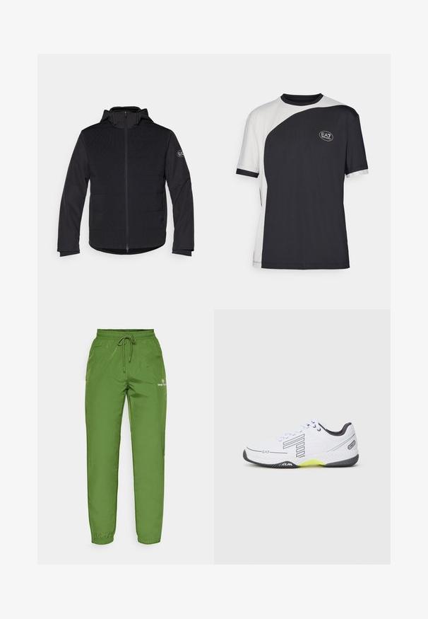 Casaco acolchoado preto com fecho de correr completo, capuz e painéis texturizados em contraste. Apresenta um emblema no braço esquerdo e mangas longas.; T-shirt de manga curta com um design bicolore em preto e branco, com uma textura suave e um logo EA7 na frente.; Calças de jogging leves e verdes, com cintura elástica, fecho de cordão e detalhe do logo no lado esquerdo. Textura lisa e brilhante.; Sapatilha atlética branca com detalhes pretos e cinzentos. Apresenta um cabedal texturizado, atacadores e uma seção de sola amarelo brilhante.