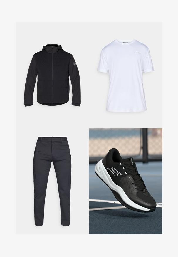 Juodas paminkštintas džemperis su pilnu užtrauktuku, kapišonu ir kontrastingomis tekstūruotomis dalimis. Ant kairiojo rankovo yra logotipo pleistras, o ilgomis rankovėmis.; Balta trumpų rankovių marškinėliai, pagaminti iš lygaus audinio, su subtiliu juodu logotipu kairėje krūtinės pusėje. Apvalus iškirpimas ir laisvas kirpimas.; Jūrų laivyno mėlynos spalvos, siaurėjančios kelnės, pagamintos iš kvėpuojančios medžiagos. Ypatybės: lygus priekinis kraštas, diržo kilpos ir viena užpakalinė kišenė.; Juodi sportiniai bateliai su tekstūruotu viršumi, baltais akcentais ir paminkštintu baltu padu. Yra raišteliai ir perforuotas dizainas, užtikrinantis kvėpavimą.