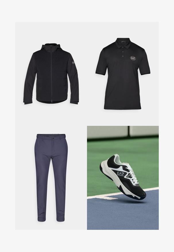 Mustä voodriga jakk, millel on täispikk tõmblukk, kapuuts ja kontrastsed tekstuuripaneelid. Omab vasakul käel logomärki ja pikki varrukaid.; Must värvitud polo särk, mis on valmistatud tekstuuriga kangast, kolme nupuga sulguriga ja väike valge logo vasakul rinnal. Lühikesed varrukad.; Tumepruunid püksid lihtsalt mõõtudega kangast, millel on nupuga ja tõmbluku sulgemine, kitsendatud disain ja üleskeeratud sääred.; Mustvalge EA7 Emporio Armani tossu ripub siniste ja roheliste tenniseväljakute joonte kohal.