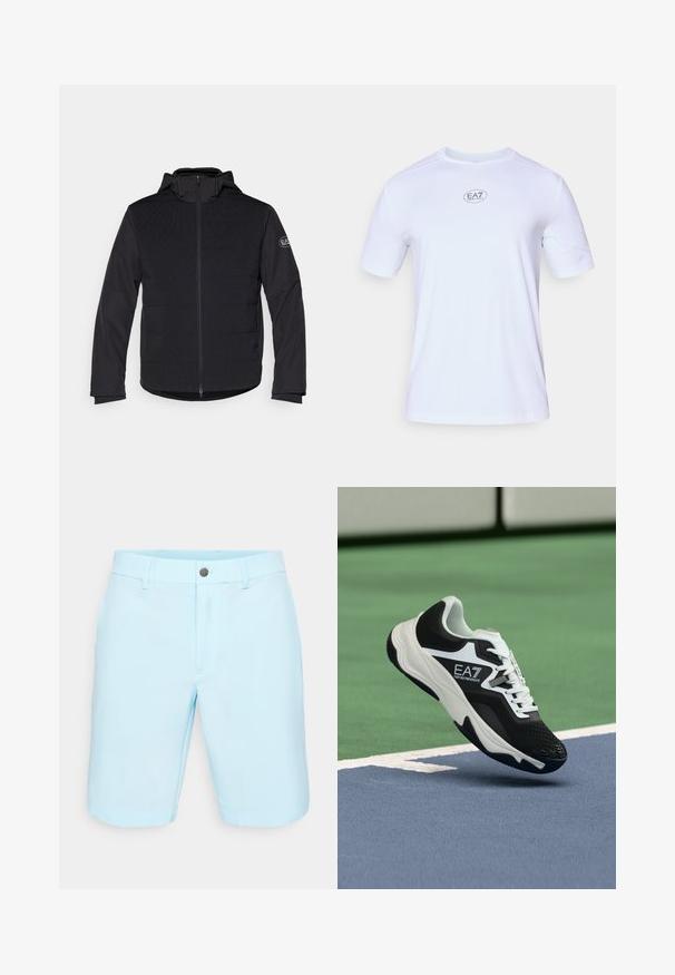 Čierna zateplená bunda so zipsom po celej dĺžke, kapucňou a kontrastnými textúrovanými panelmi. Na ľavom rukáve sa nachádza nášivka s logom a dlhé rukávy.; Biele krátke športové tričko s krátkym rukávom vyrobené z ľahkej, priedušnej sieťoviny. Má okrúhly výstrih a kruhové logo EA7 na hrudi.; Svetlomodré šortky vyrobené z hladkej tkaniny, s plochým predným dielom, pútkami na opasok, jednou kovovou gombíkovou manžetou a čistými lemami.; Čierno-biela teniska EA7 Emporio Armani zavesená nad modrými a zelenými čiarami tenisového kurtu.