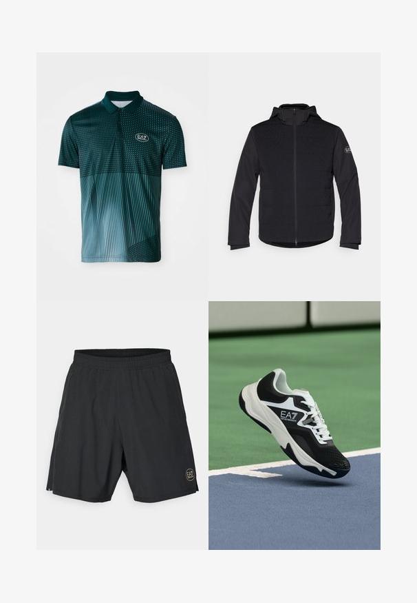 Czarna pikowana kurtka z pełnym zamkiem błyskawicznym, kapturem i kontrastującymi teksturowanymi panelami. Posiada naszywkę z logo na lewym rękawie oraz długie rękawy.; Koszulka polo z krótkim rękawem w kolorze ciemnozielonym, z wzorami w kropki i paski, wykonana z lekkiego materiału, z zapięciem na guziki oraz logiem.; Czarne spodenki sportowe wykonane z lekkiego materiału, z elastycznym paskiem w talii oraz złotym okrągłym logo po prawej stronie.; Czarno-biały sneaker EA7 Emporio Armani zawieszony nad niebiesko-zielonymi liniami kortu tenisowego.