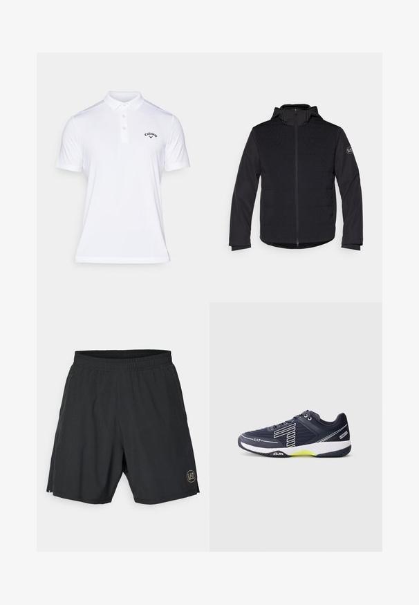 Musta topattu takki täysipitkällä vetskarilla, hupulla ja kontrastivärisiä teksturoituja paneeleja. Vasemmassa hihassa on logopatch ja pitkät hihat.; Callaway TOURNAMENT - Pikeepaita - white; Mustat urheilushortsit, jotka on valmistettu kevyestä kankaasta. Shortsien vyötäröllä on joustava vyötärönauha ja alareunassa oikealla puolella kultainen pyöreä logo.; Urheilukengät, joissa on tumman sininen synteettinen verkko-osa, valkoiset yksityiskohdat ja keltainen pohja. Ominaisuuksiin kuuluu teksturoitu pinta ja nauhakiinnitys.